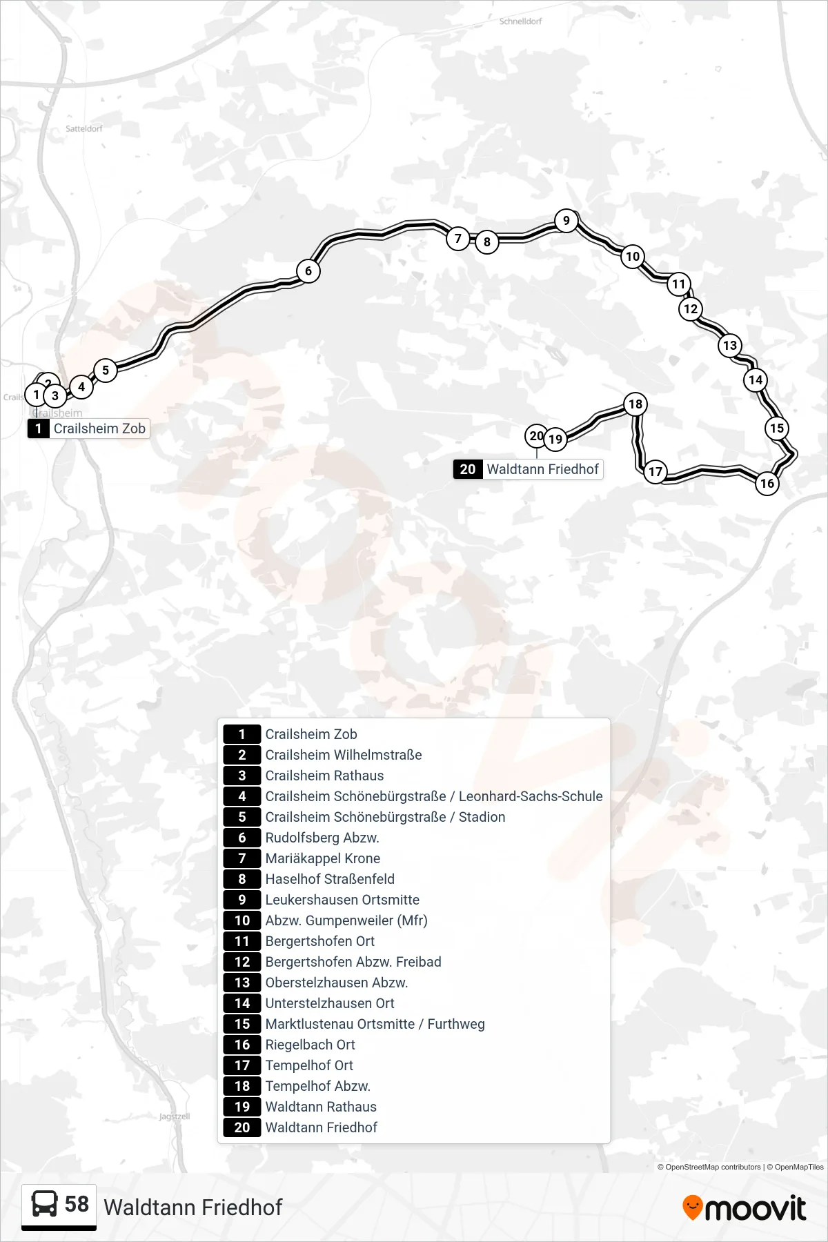 58 bus Line (Waldtann Friedhof) route and stops on a map