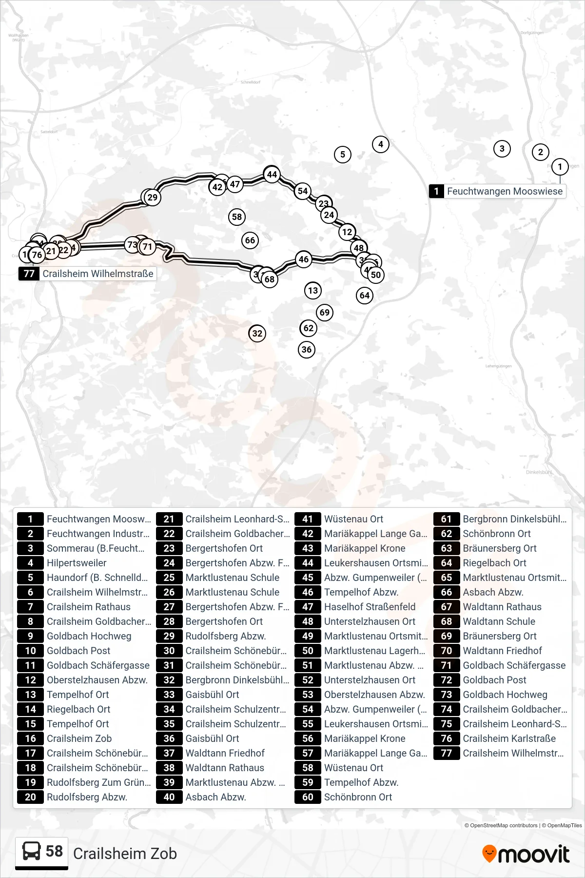 58 bus Line (Crailsheim Zob) route and stops on a map