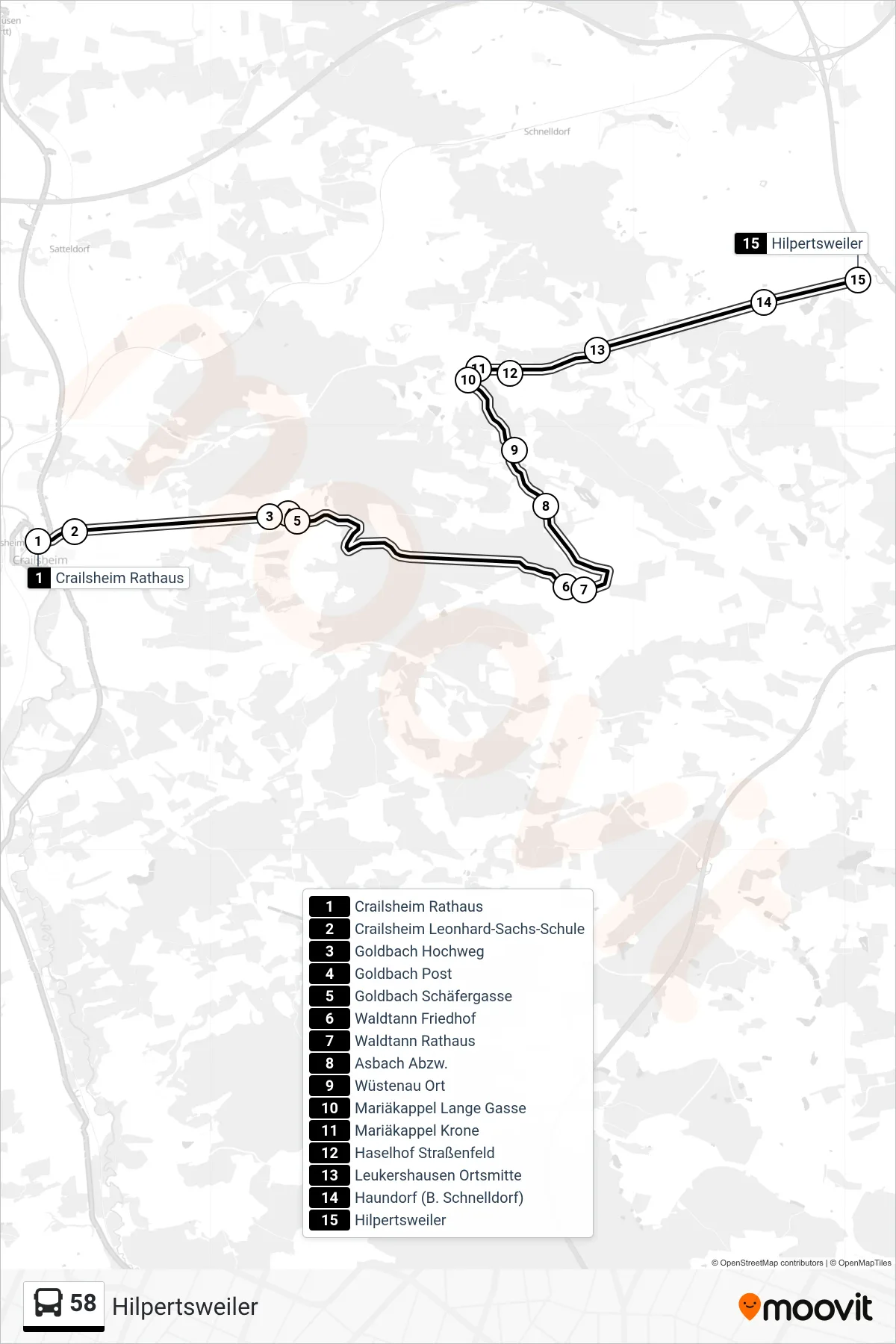 58 bus Line (Hilpertsweiler) route and stops on a map