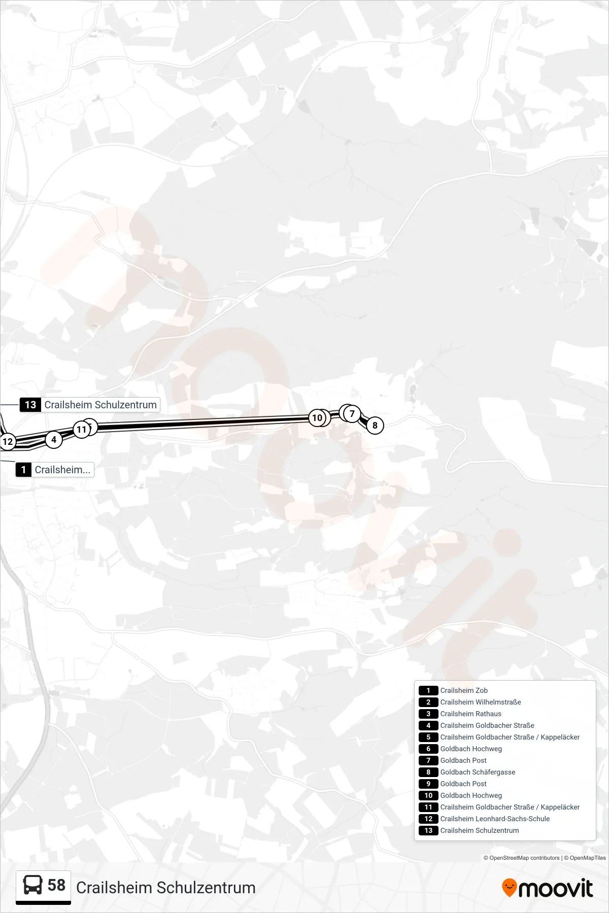 Linie 58 (Bus) Richtung Crailsheim Schulzentrum: Route und Haltestellen auf der Karte