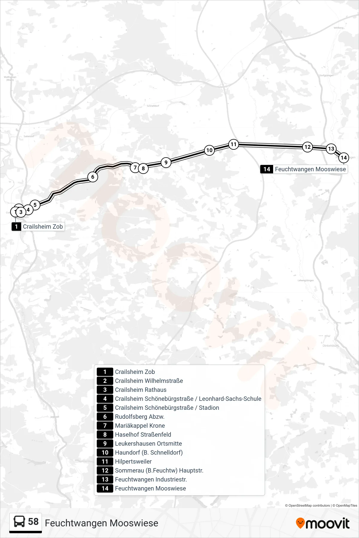 58 bus Line (Feuchtwangen Mooswiese) route and stops on a map