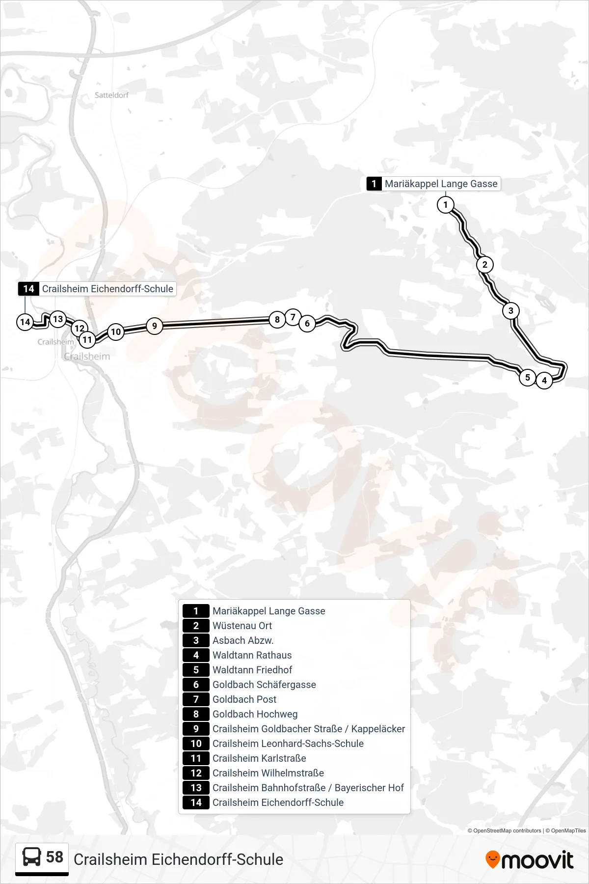 58 bus Line (Crailsheim Eichendorff-Schule) route and stops on a map