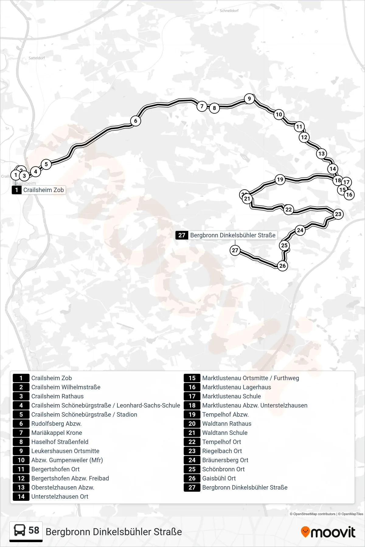 58 bus Line (Bergbronn Dinkelsbühler Straße) route and stops on a map