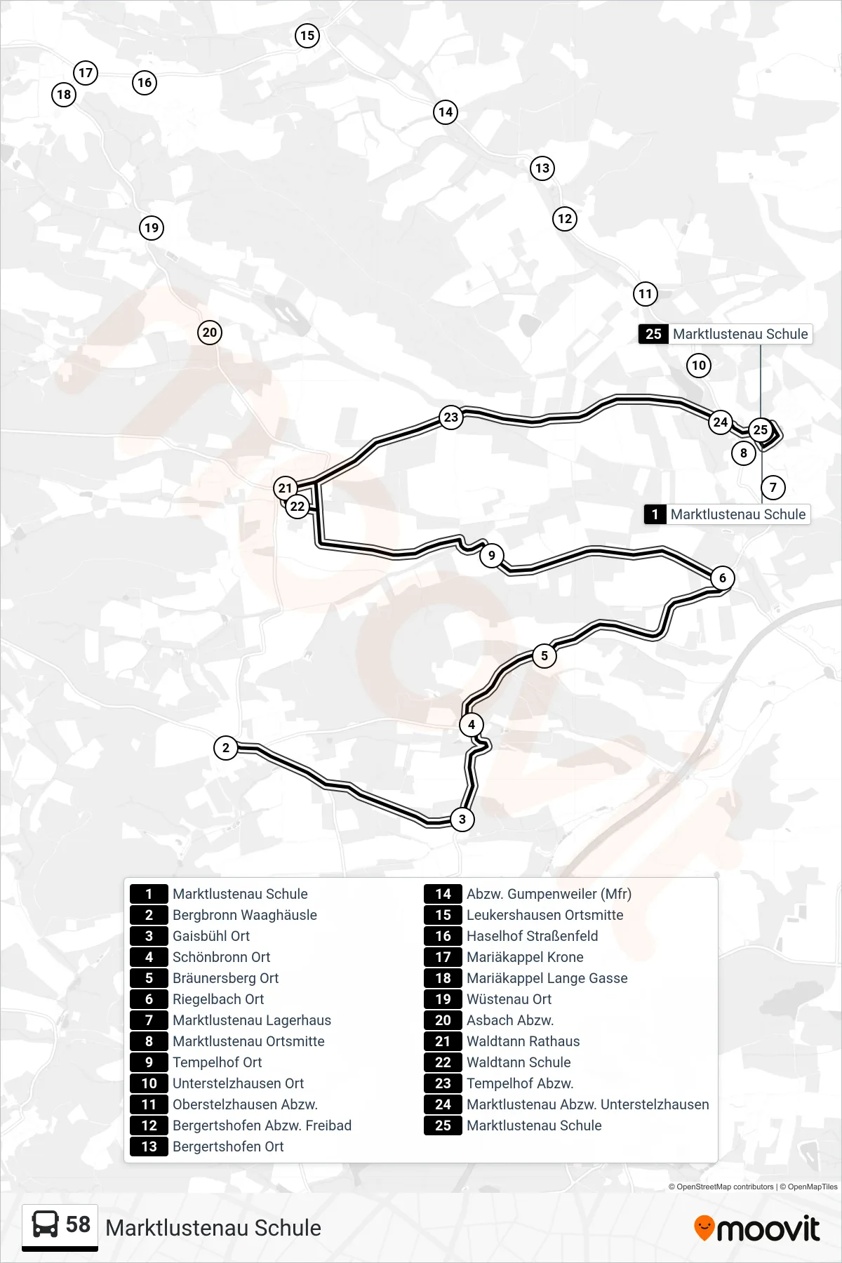 58 bus Line (Marktlustenau Schule) route and stops on a map