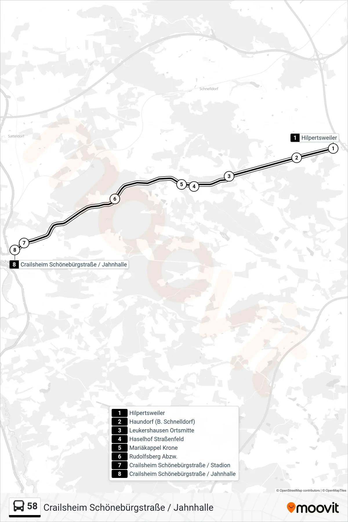 58 bus Line (Crailsheim Schönebürgstraße / Jahnhalle) route and stops on a map