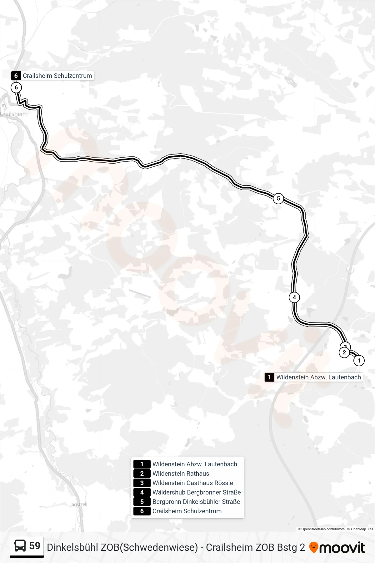 59 bus Line (Crailsheim Schulzentrum) route and stops on a map