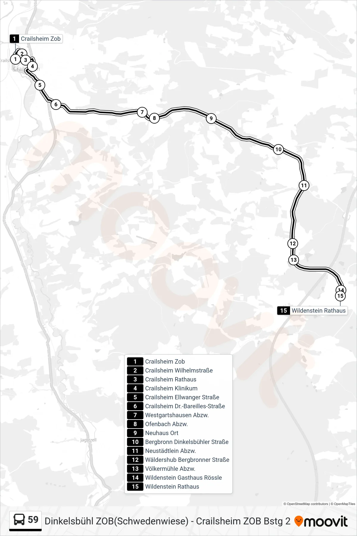 59 bus Line (Wildenstein Rathaus) route and stops on a map