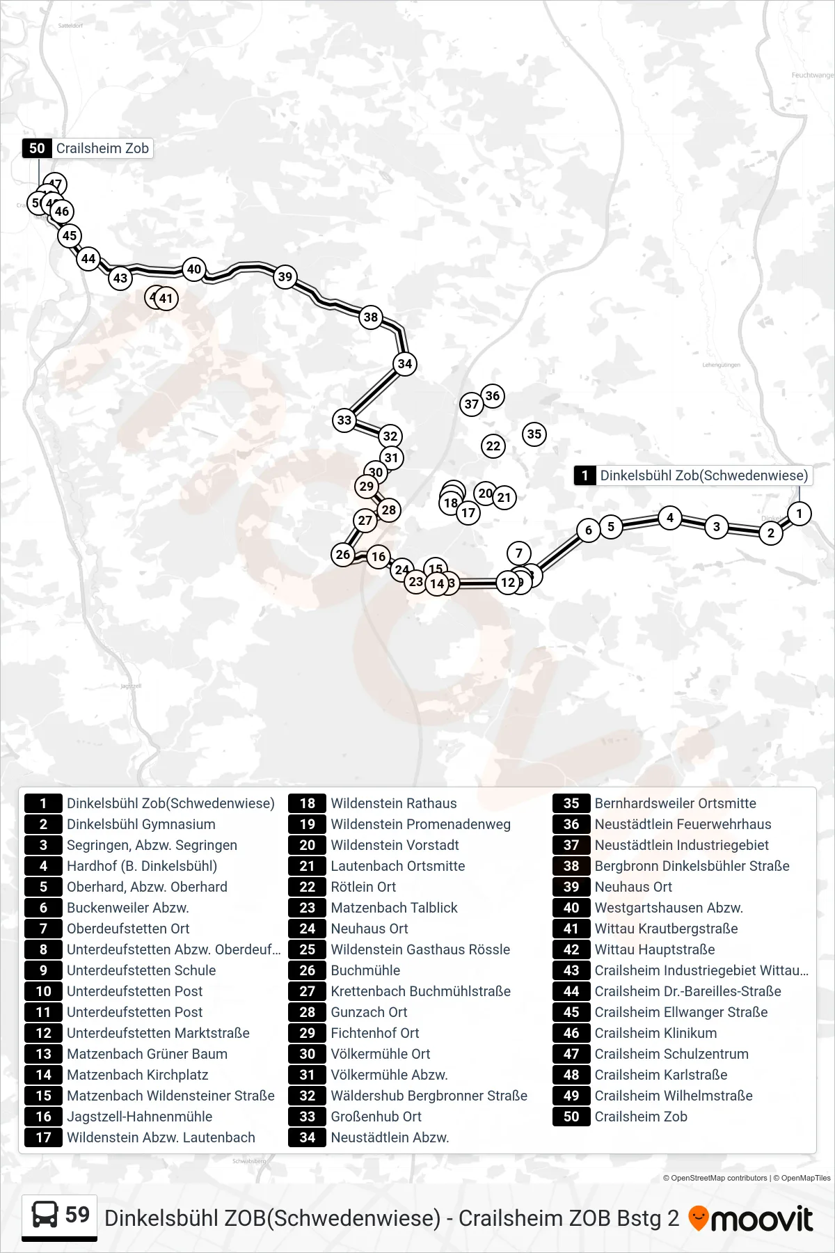 59 bus Line (Crailsheim Zob) route and stops on a map