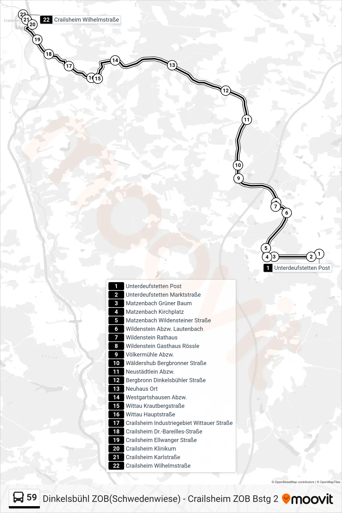Linie 59 (Bus) Richtung Crailsheim Wilhelmstraße: Route und Haltestellen auf der Karte