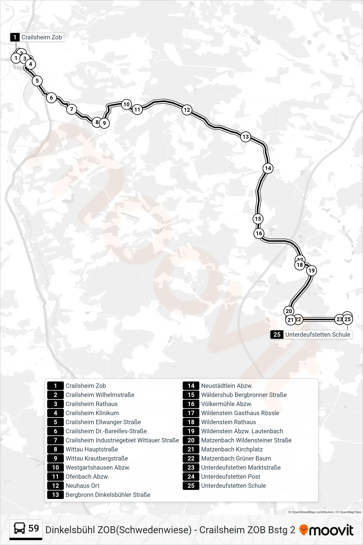 59 bus Line (Unterdeufstetten Schule) route and stops on a map
