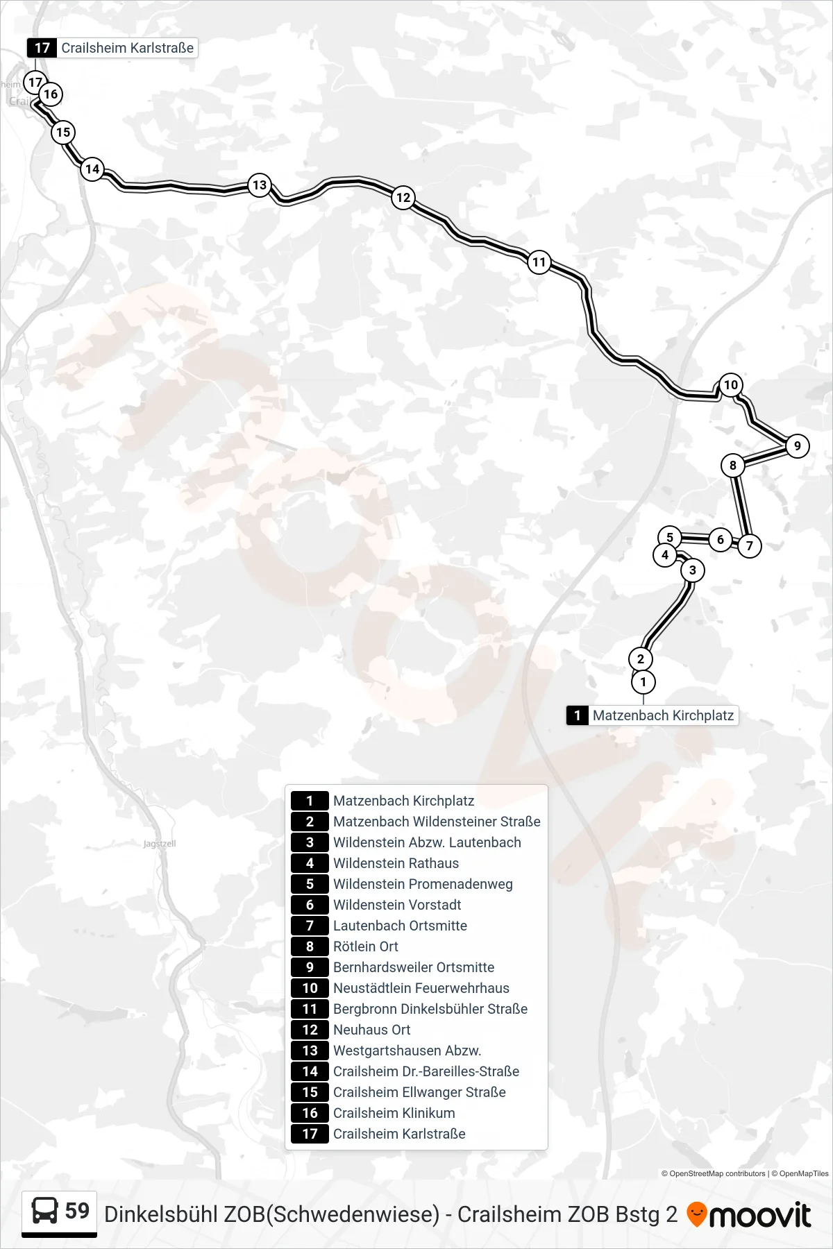 59 bus Line (Crailsheim Karlstraße) route and stops on a map
