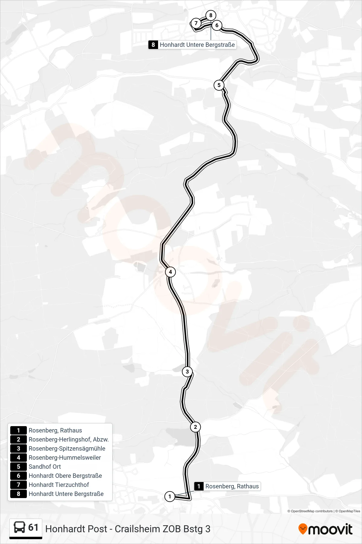 61 bus Line (Honhardt Untere Bergstraße) route and stops on a map