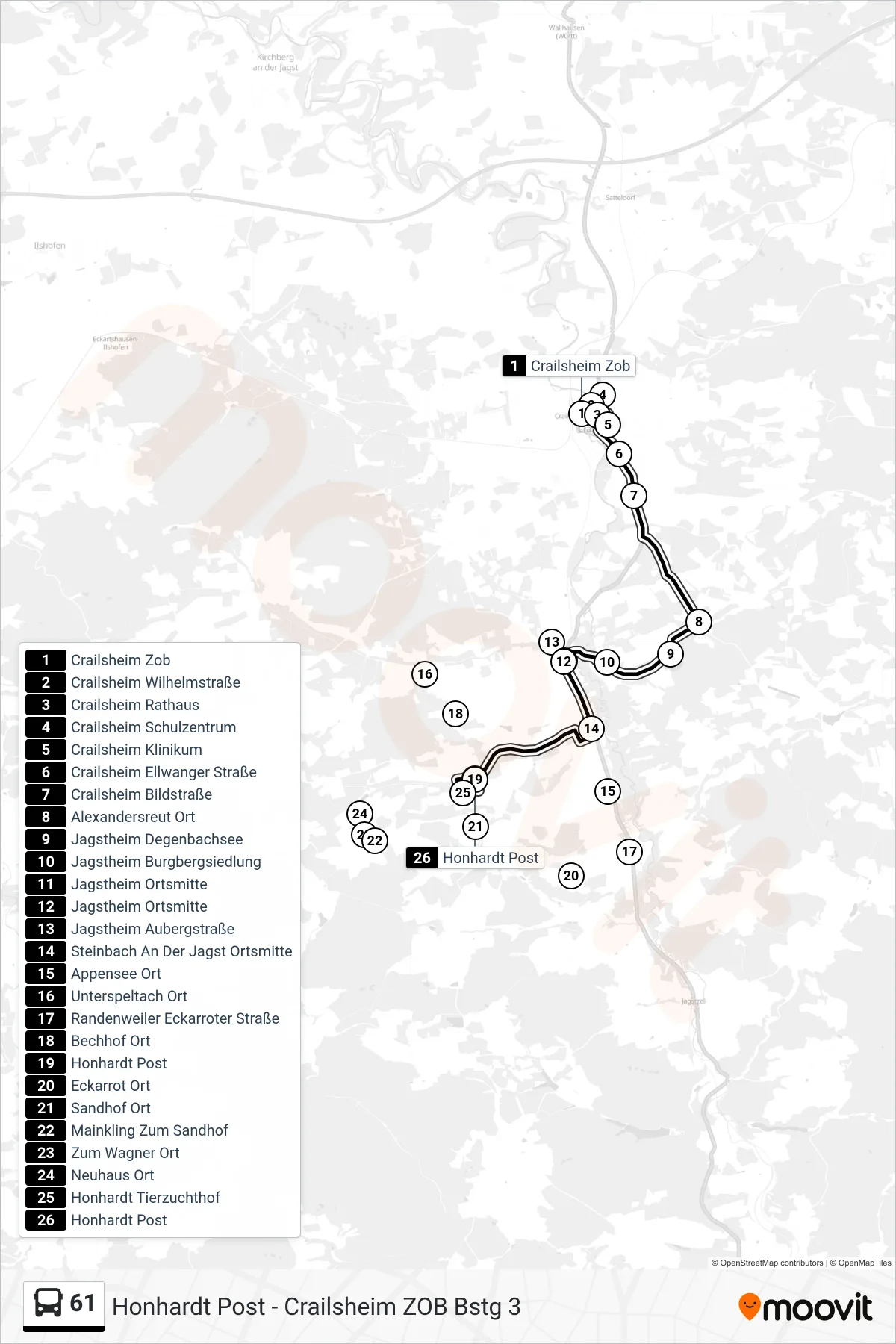 61 bus Line (Honhardt Post) route and stops on a map