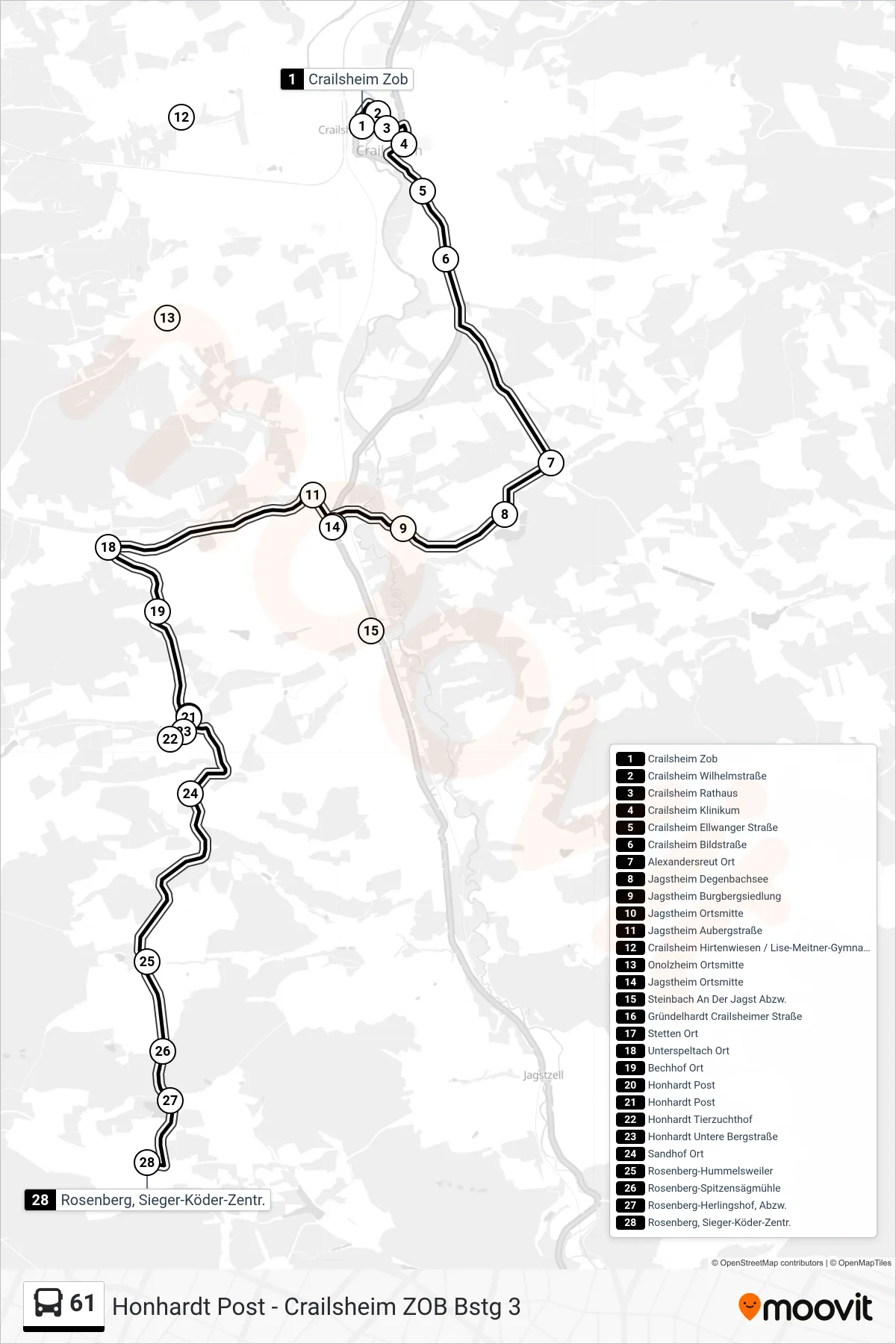61 bus Line (Rosenberg, Sieger-Köder-Zentr.) route and stops on a map