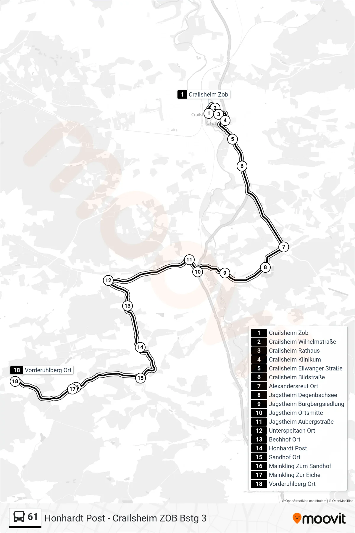 61 bus Line (Vorderuhlberg Ort) route and stops on a map