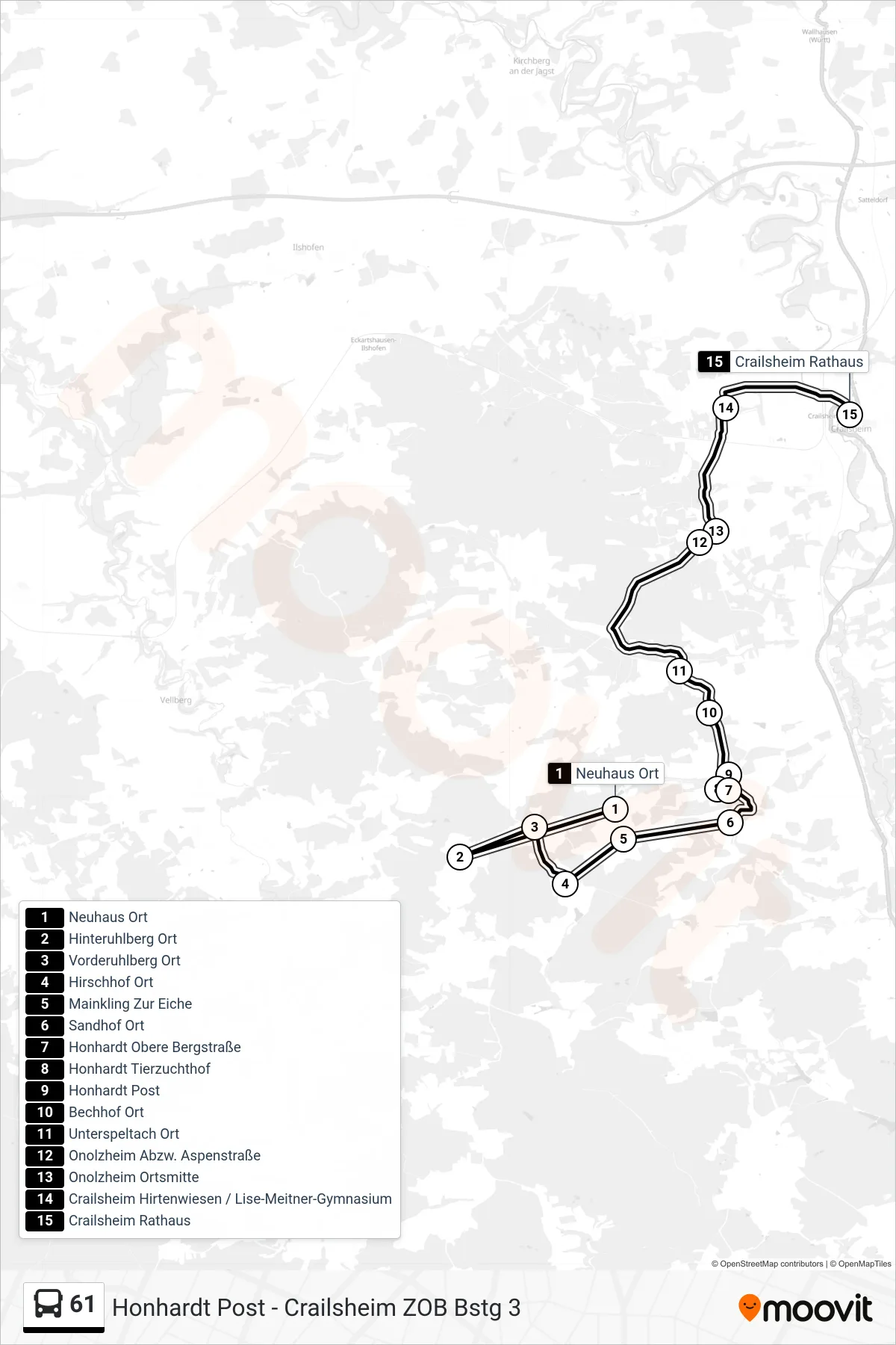 61 bus Line (Crailsheim Rathaus) route and stops on a map