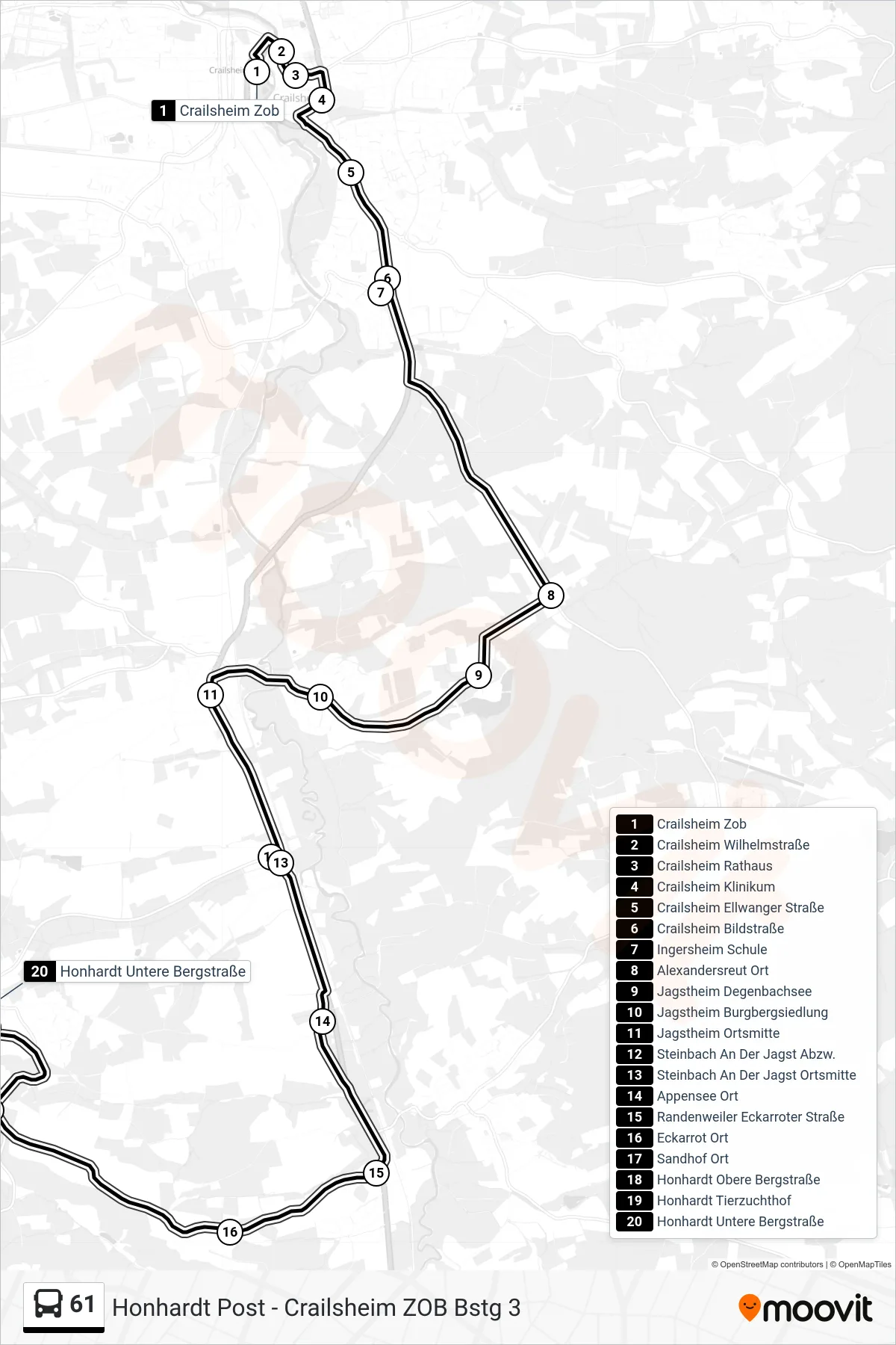 61 bus Line (Honhardt Untere Bergstraße) route and stops on a map