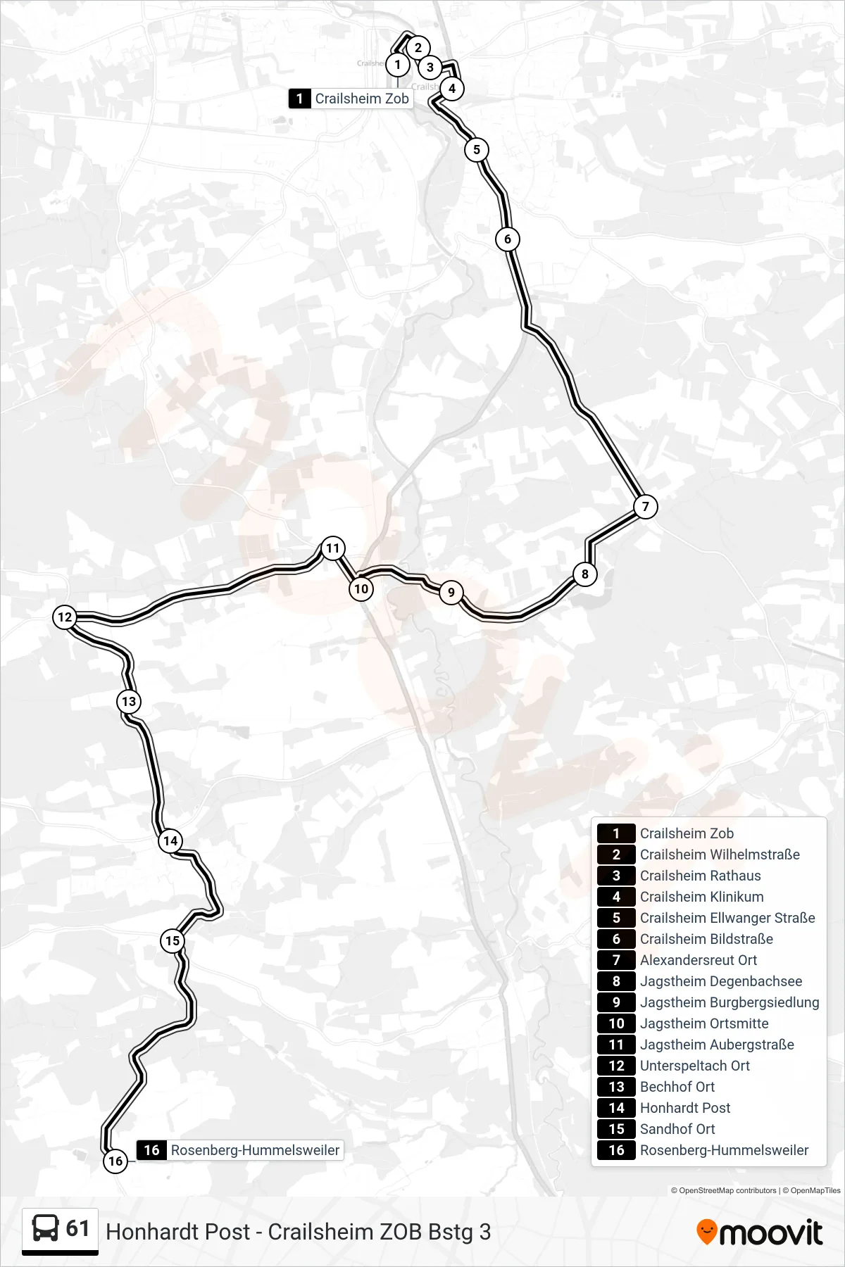 61 bus Line (Rosenberg-Hummelsweiler) route and stops on a map