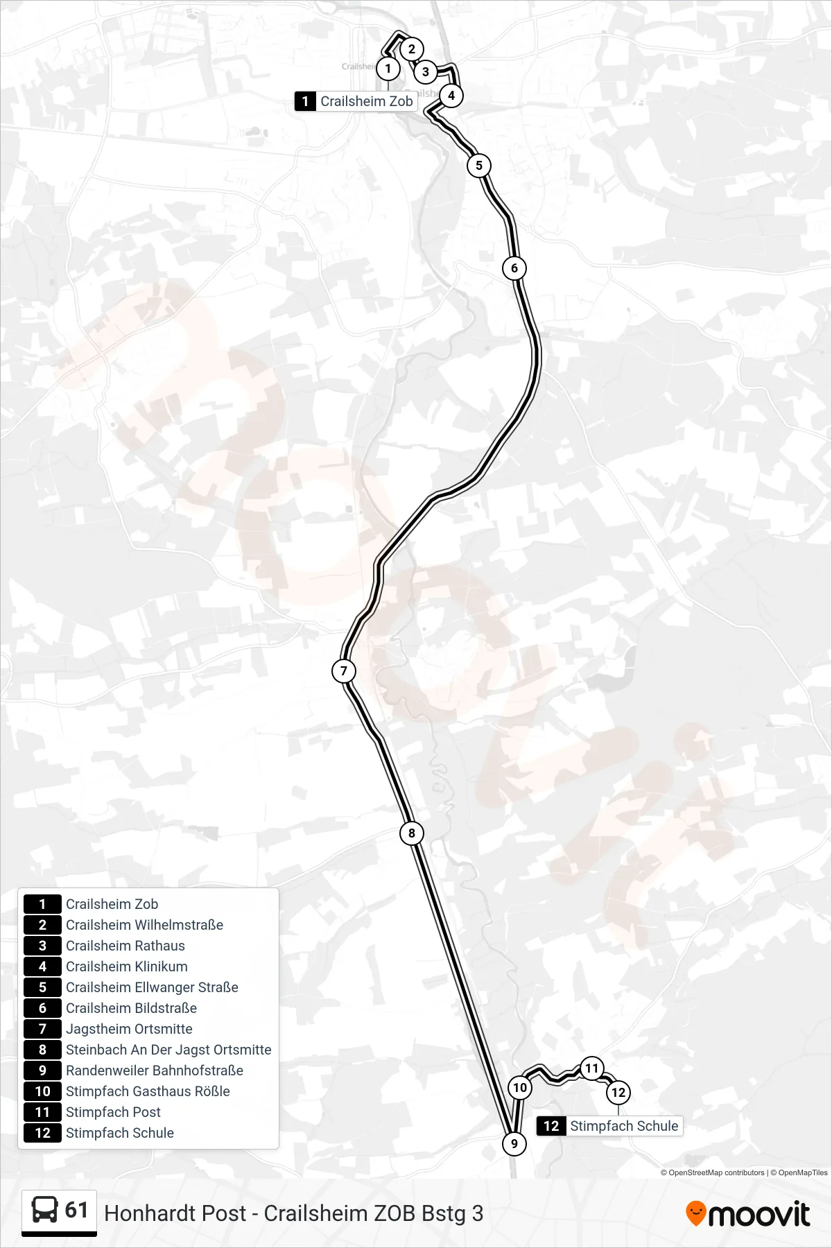 61 bus Line (Stimpfach Schule) route and stops on a map