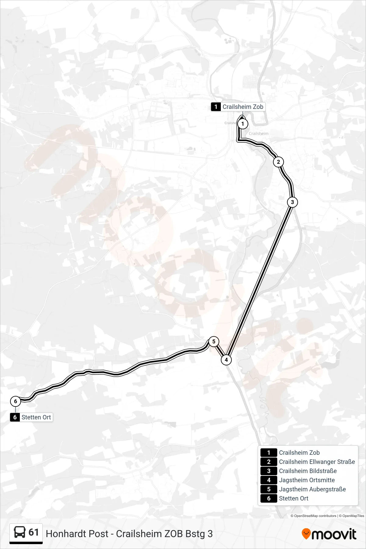 61 bus Line (Stetten Ort) route and stops on a map