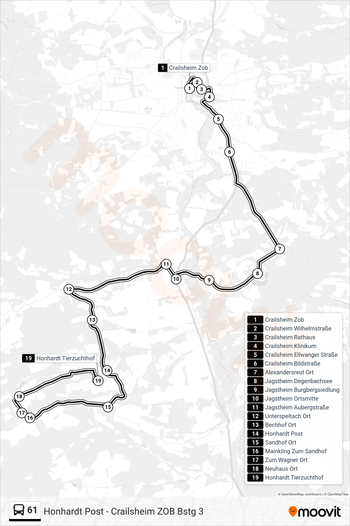 61 bus Line (Honhardt Tierzuchthof) route and stops on a map