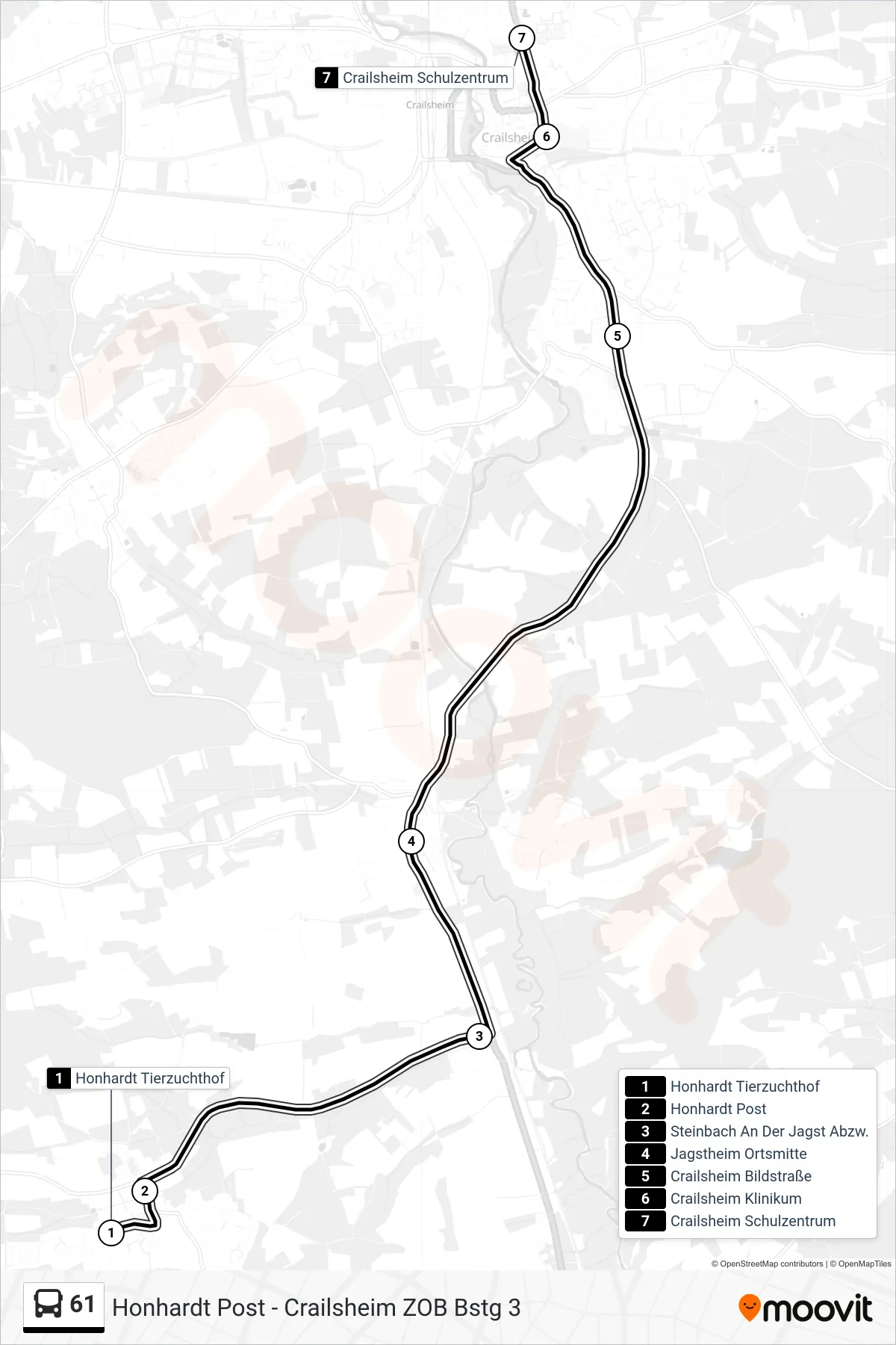 61 bus Line (Crailsheim Schulzentrum) route and stops on a map