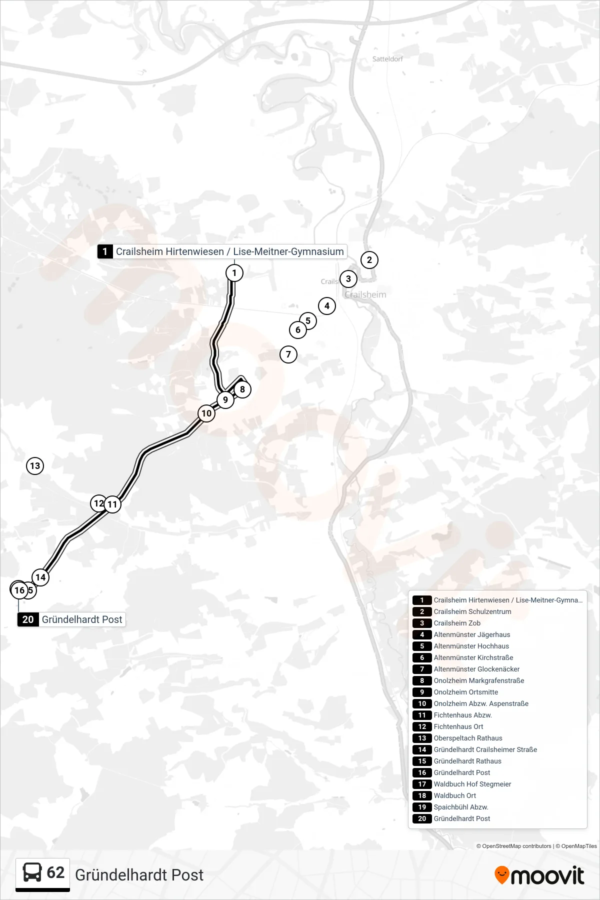 62 bus Line (Gründelhardt Post) route and stops on a map