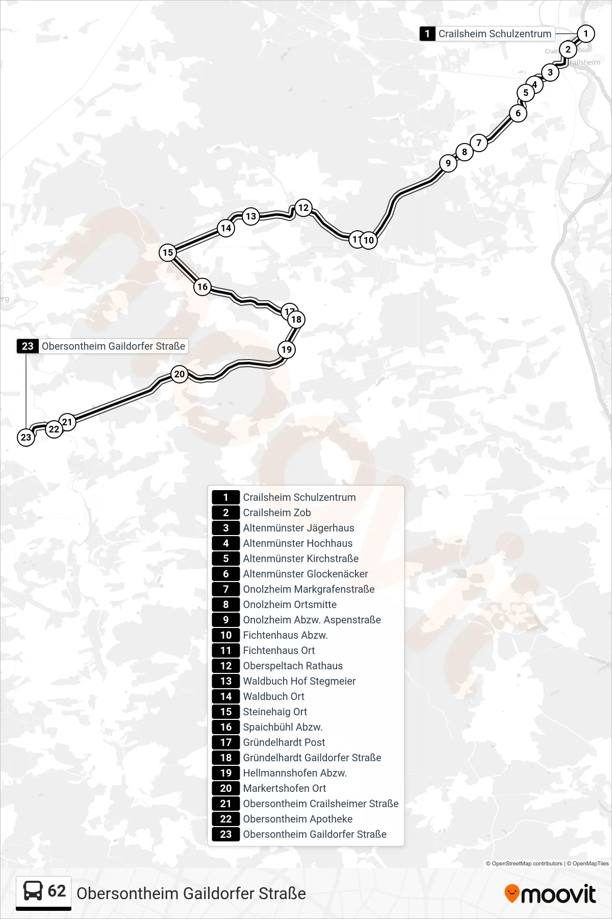 62 bus Line (Obersontheim Gaildorfer Straße) route and stops on a map