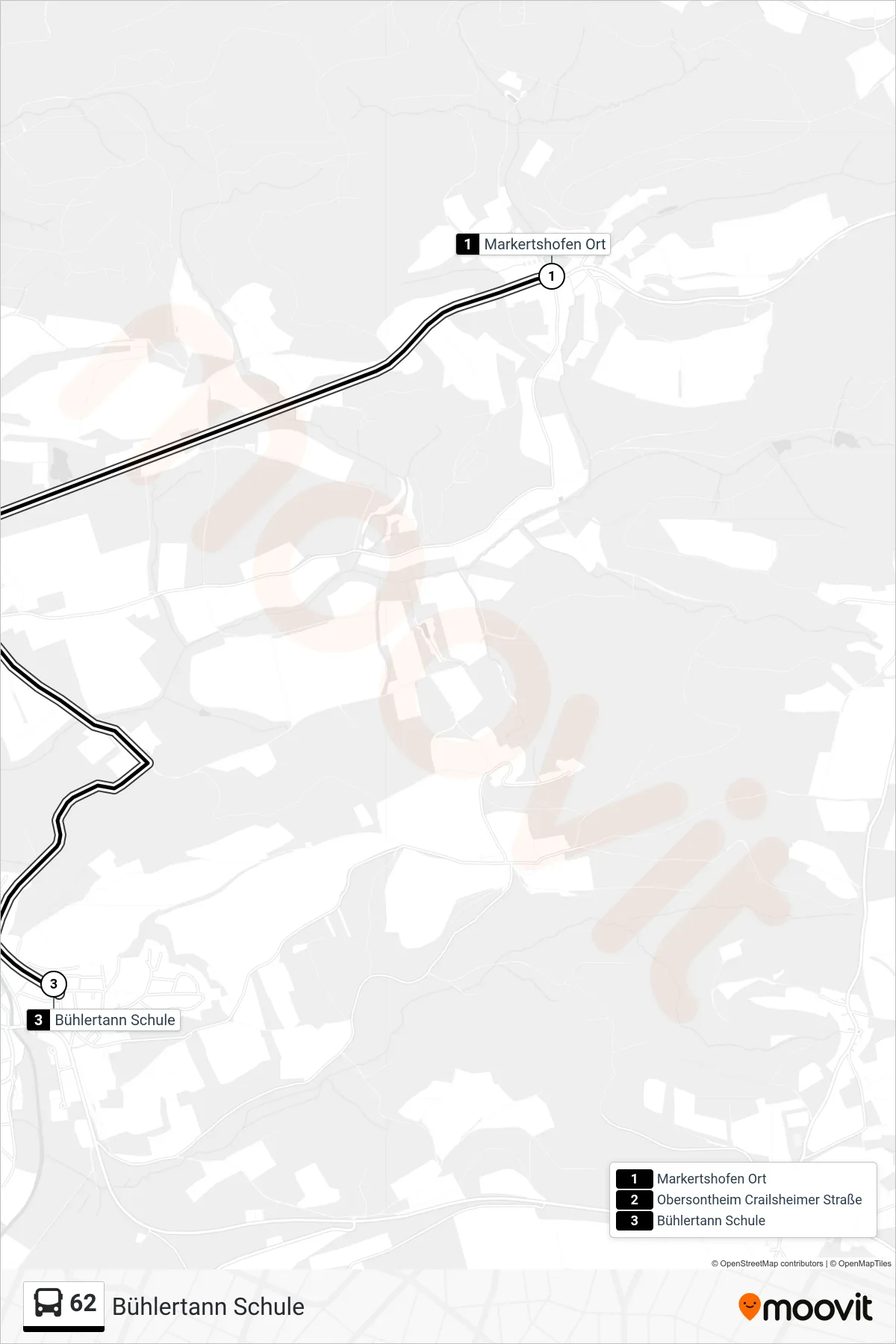 62 bus Line (Bühlertann Schule) route and stops on a map