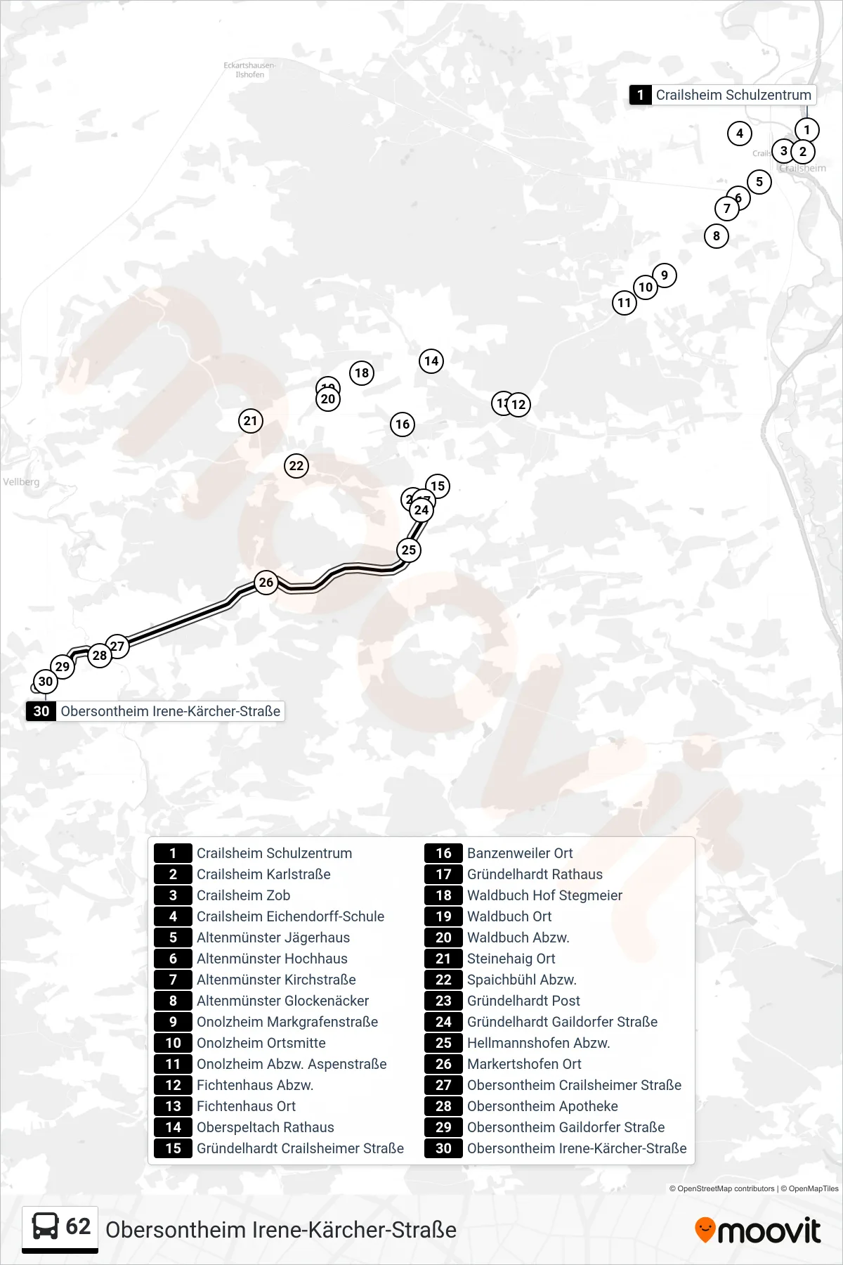 62 bus Line (Obersontheim Irene-Kärcher-Straße) route and stops on a map