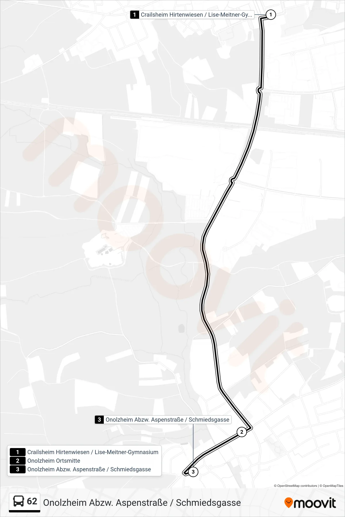 62 bus Line (Onolzheim Abzw. Aspenstraße / Schmiedsgasse) route and stops on a map