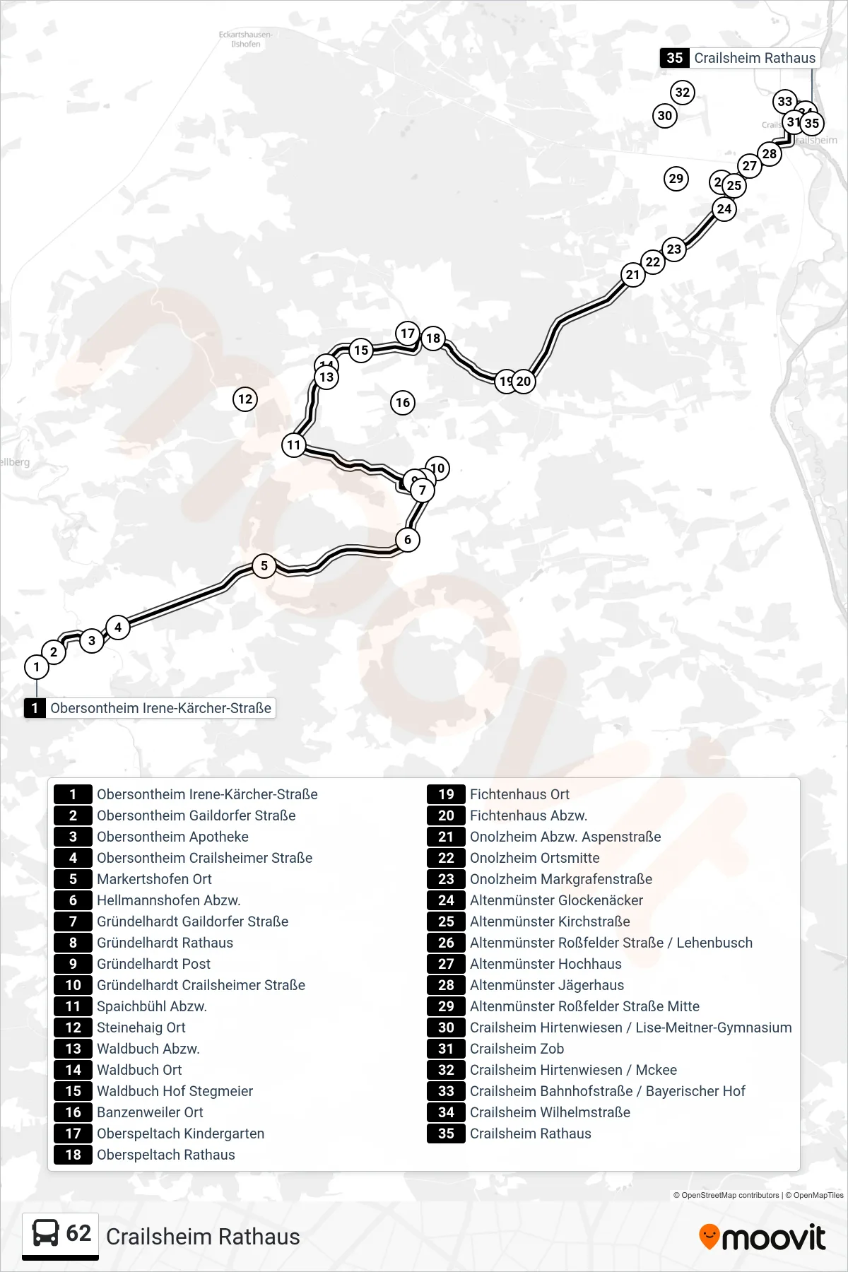 62 bus Line (Crailsheim Rathaus) route and stops on a map