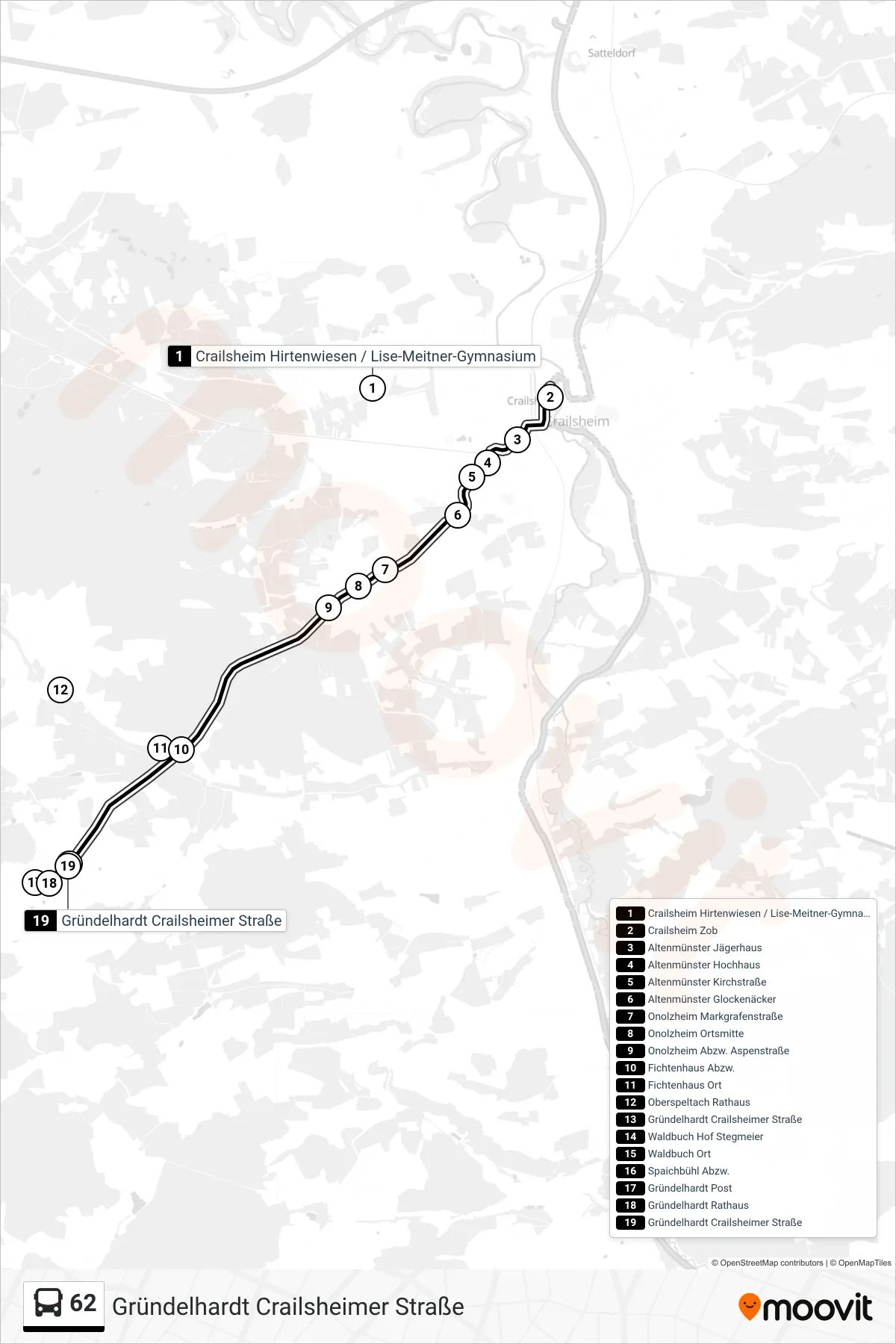 62 bus Line (Gründelhardt Crailsheimer Straße) route and stops on a map
