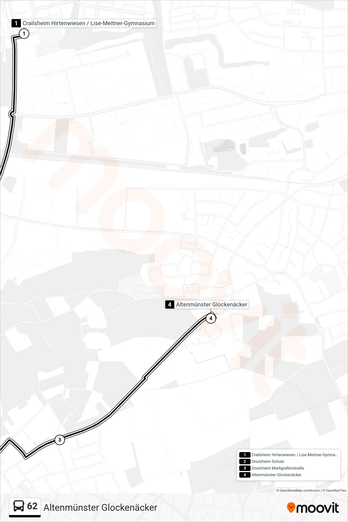 62 bus Line (Altenmünster Glockenäcker) route and stops on a map
