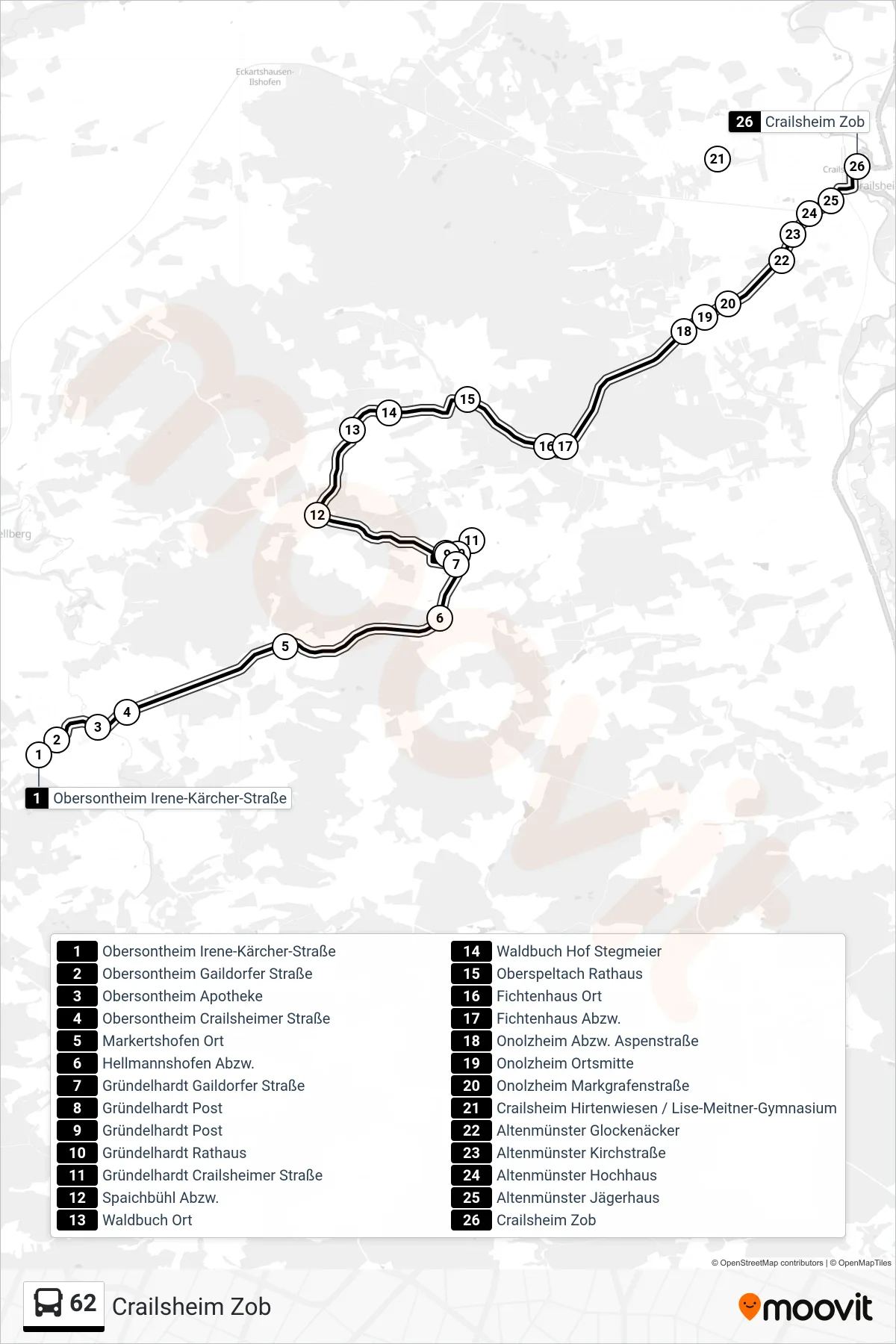 62 bus Line (Crailsheim Zob) route and stops on a map