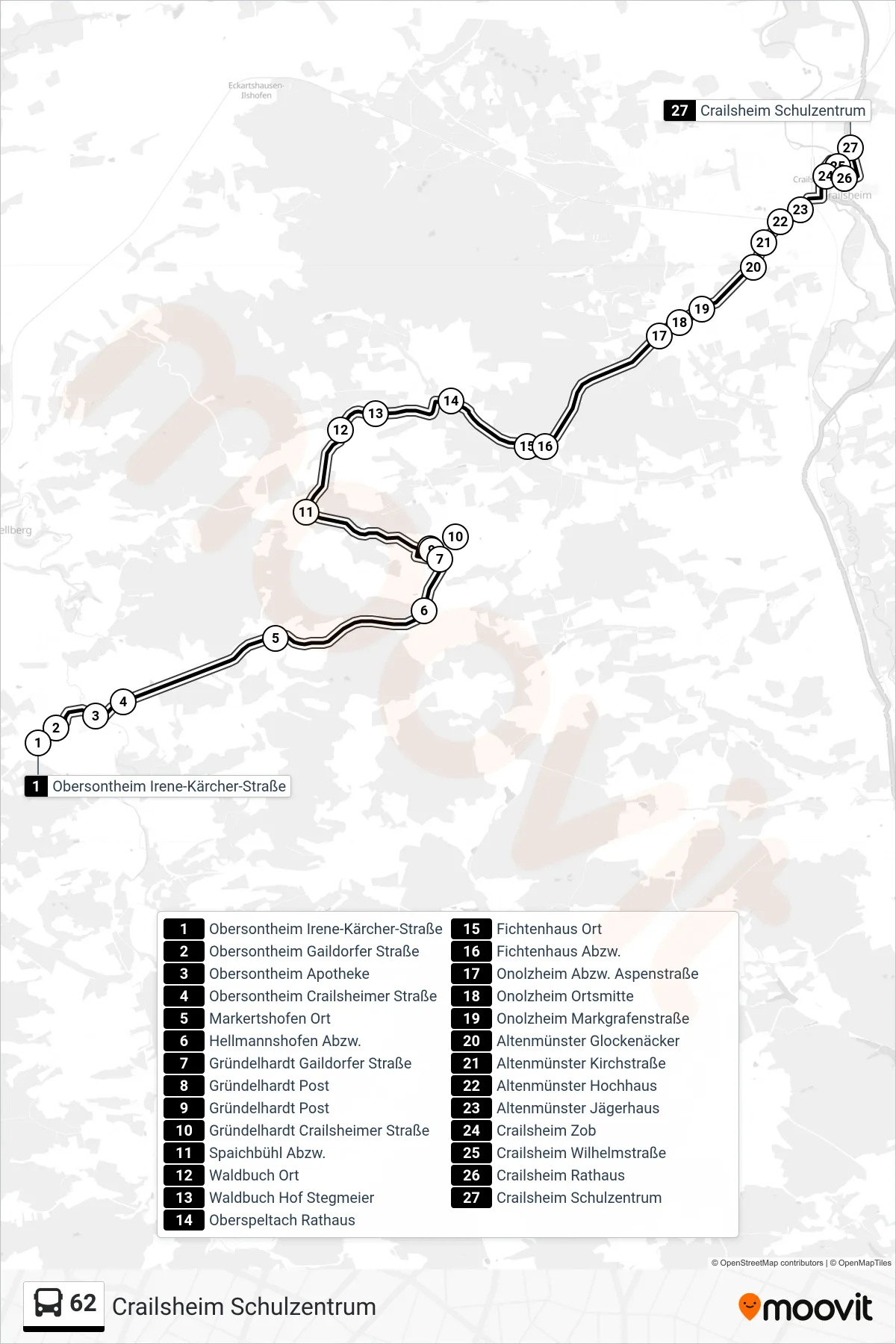 62 bus Line (Crailsheim Schulzentrum) route and stops on a map