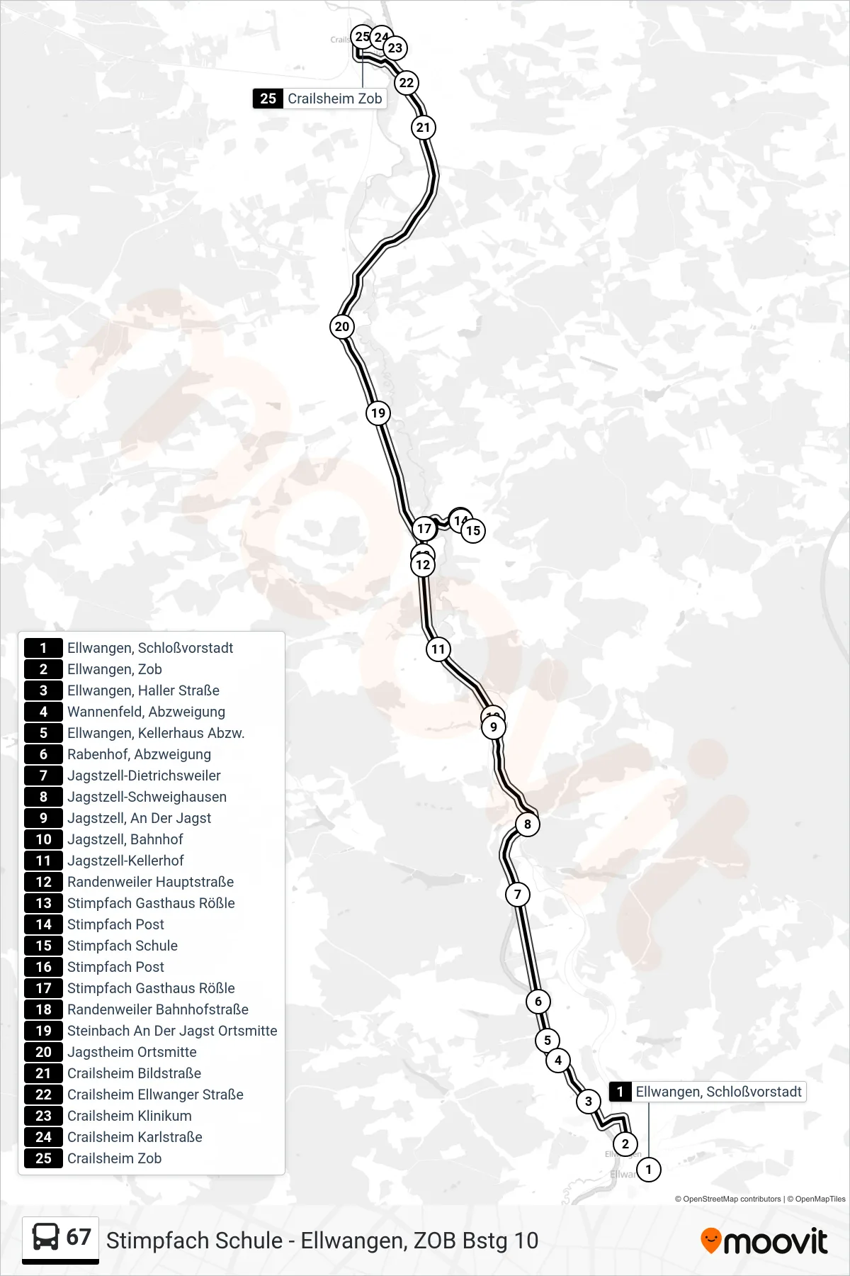 67 bus Line (Crailsheim Zob) route and stops on a map
