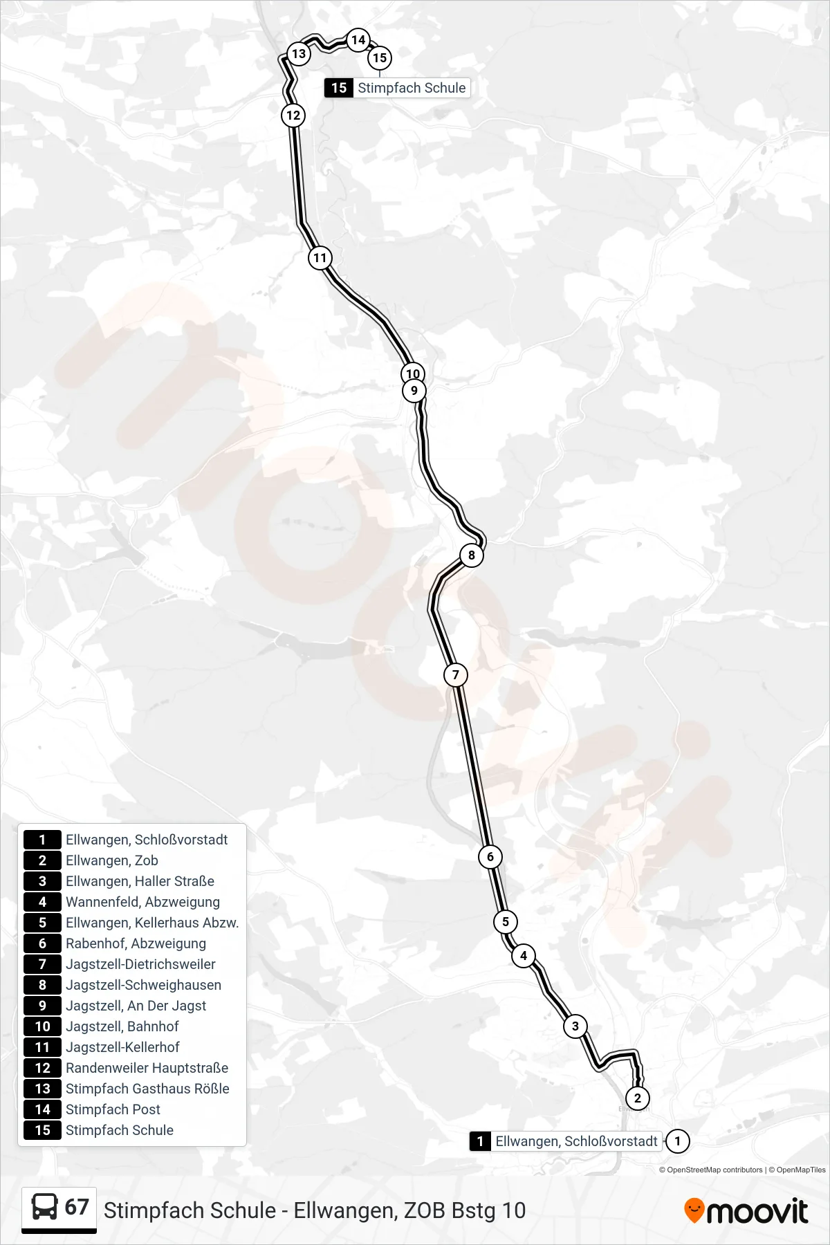 67 bus Line (Stimpfach Schule) route and stops on a map