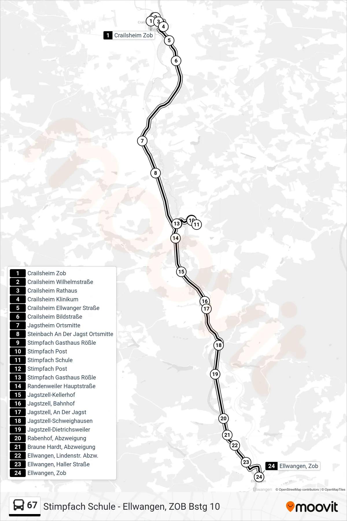 Linie 67 (Bus) Richtung Ellwangen, Zob: Route und Haltestellen auf der Karte