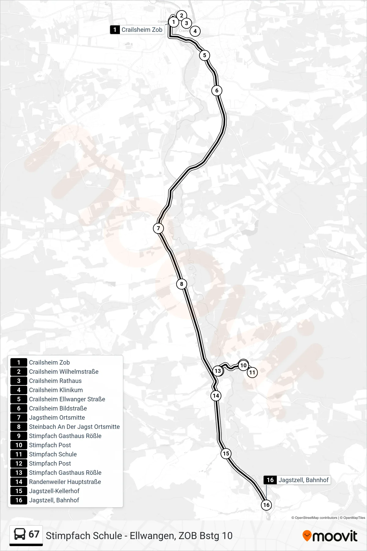 67 bus Line (Jagstzell, Bahnhof) route and stops on a map