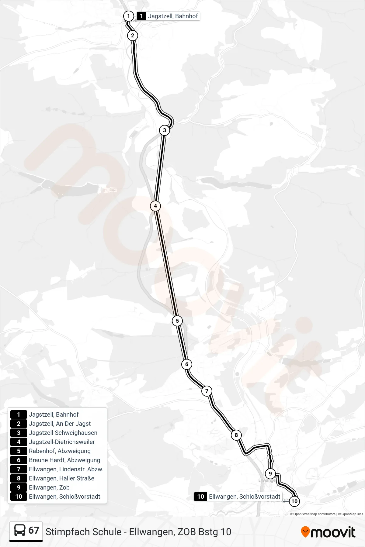 67 bus Line (Ellwangen, Schloßvorstadt) route and stops on a map