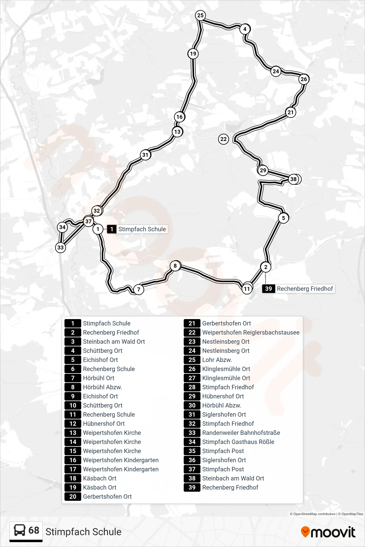 68 bus Line (Stimpfach Schule) route and stops on a map