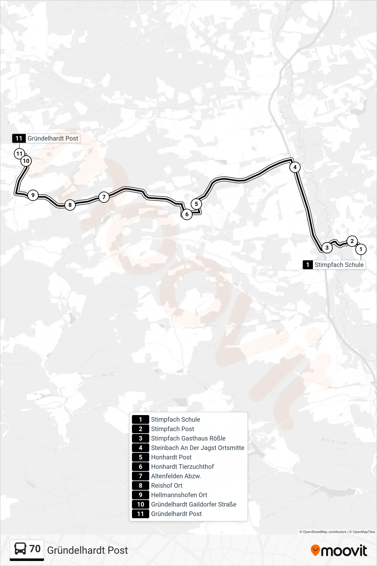 70 bus Line (Gründelhardt Post) route and stops on a map
