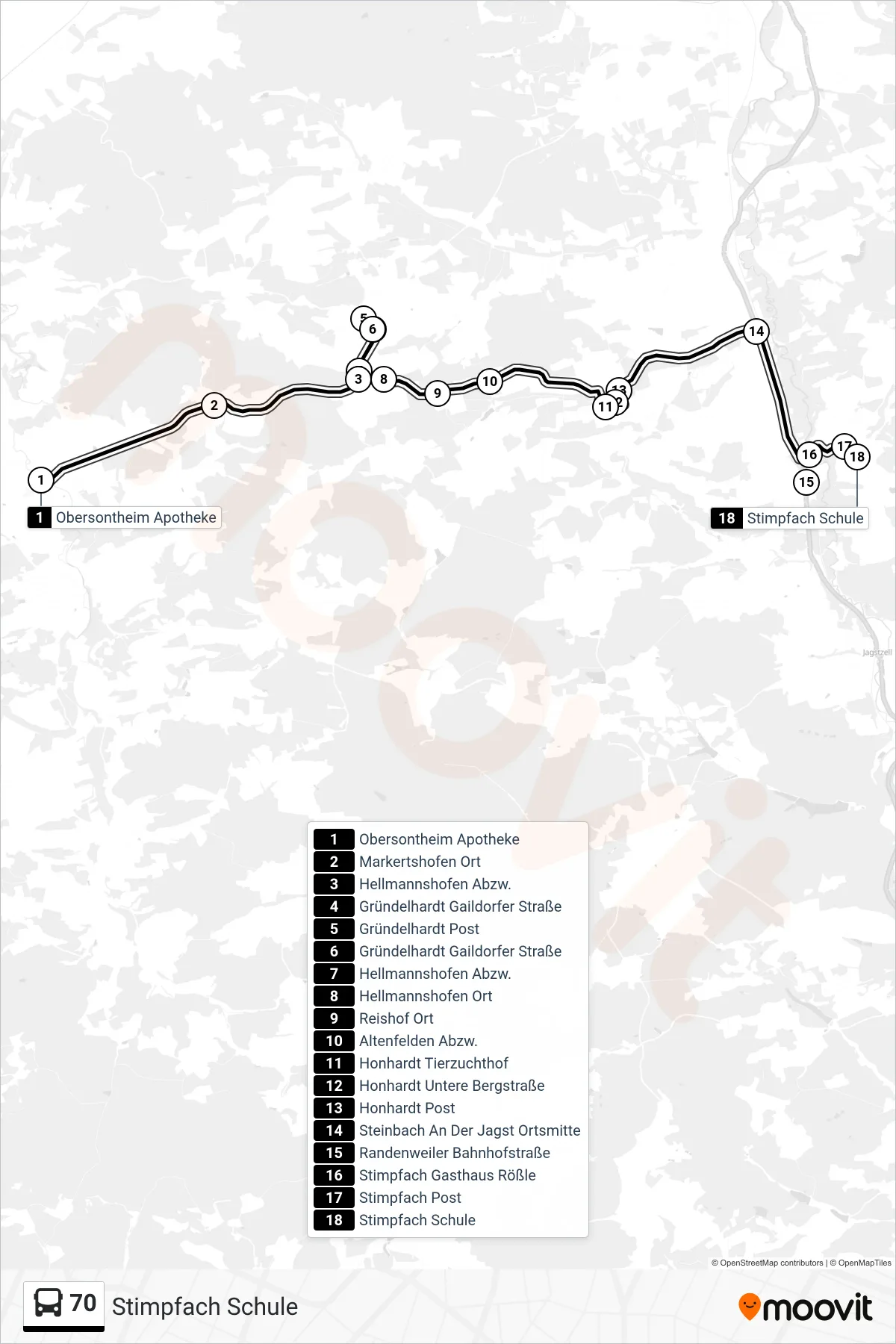 70 bus Line (Stimpfach Schule) route and stops on a map