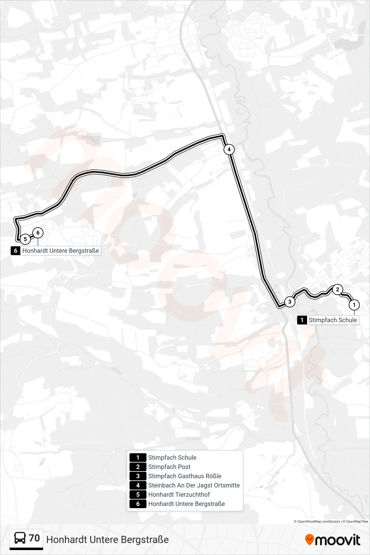 Linie 70 (Bus) Richtung Honhardt Untere Bergstraße: Route und Haltestellen auf der Karte