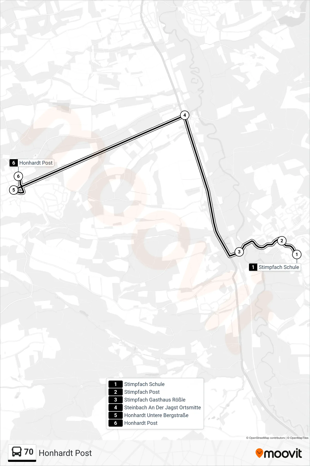 70 bus Line (Honhardt Post) route and stops on a map
