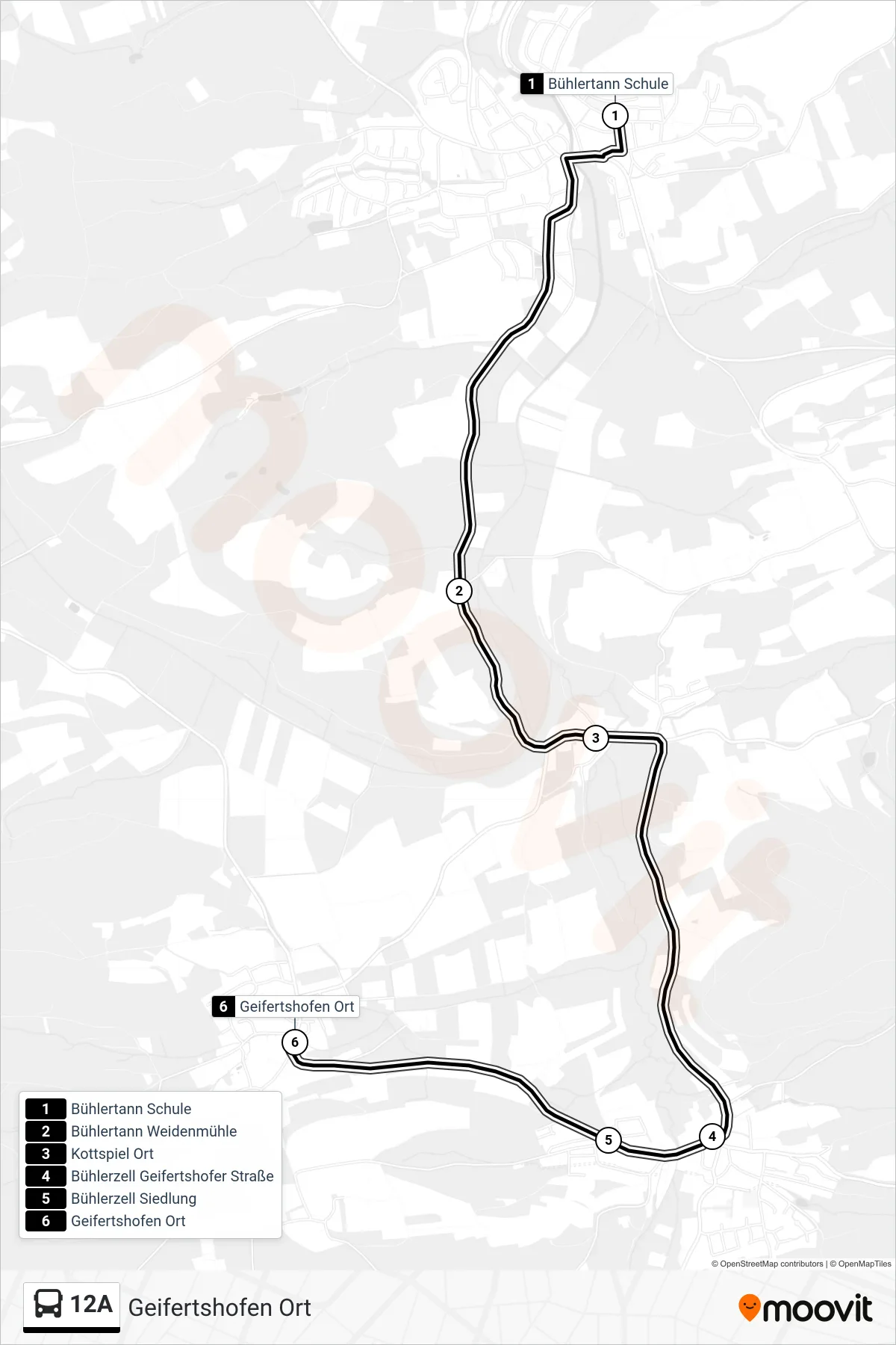 Linie 12A (Bus) Richtung Geifertshofen Ort: Route und Haltestellen auf der Karte