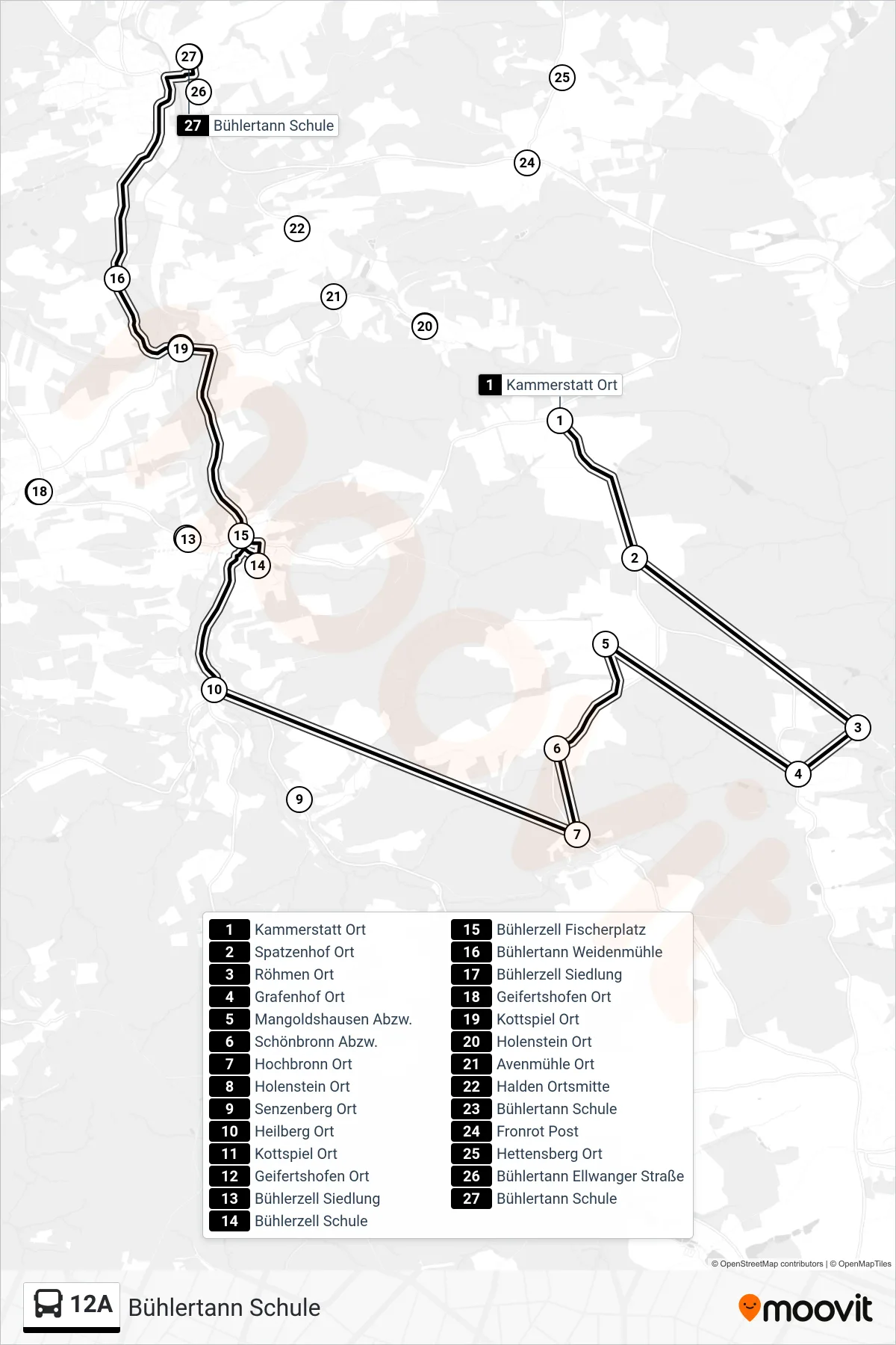 12A bus Line (Bühlertann Schule) route and stops on a map