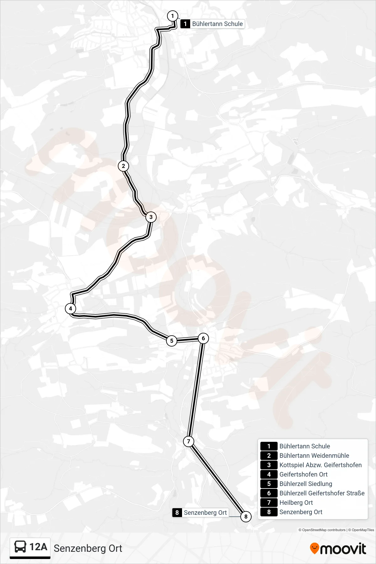 12A bus Line (Senzenberg Ort) route and stops on a map