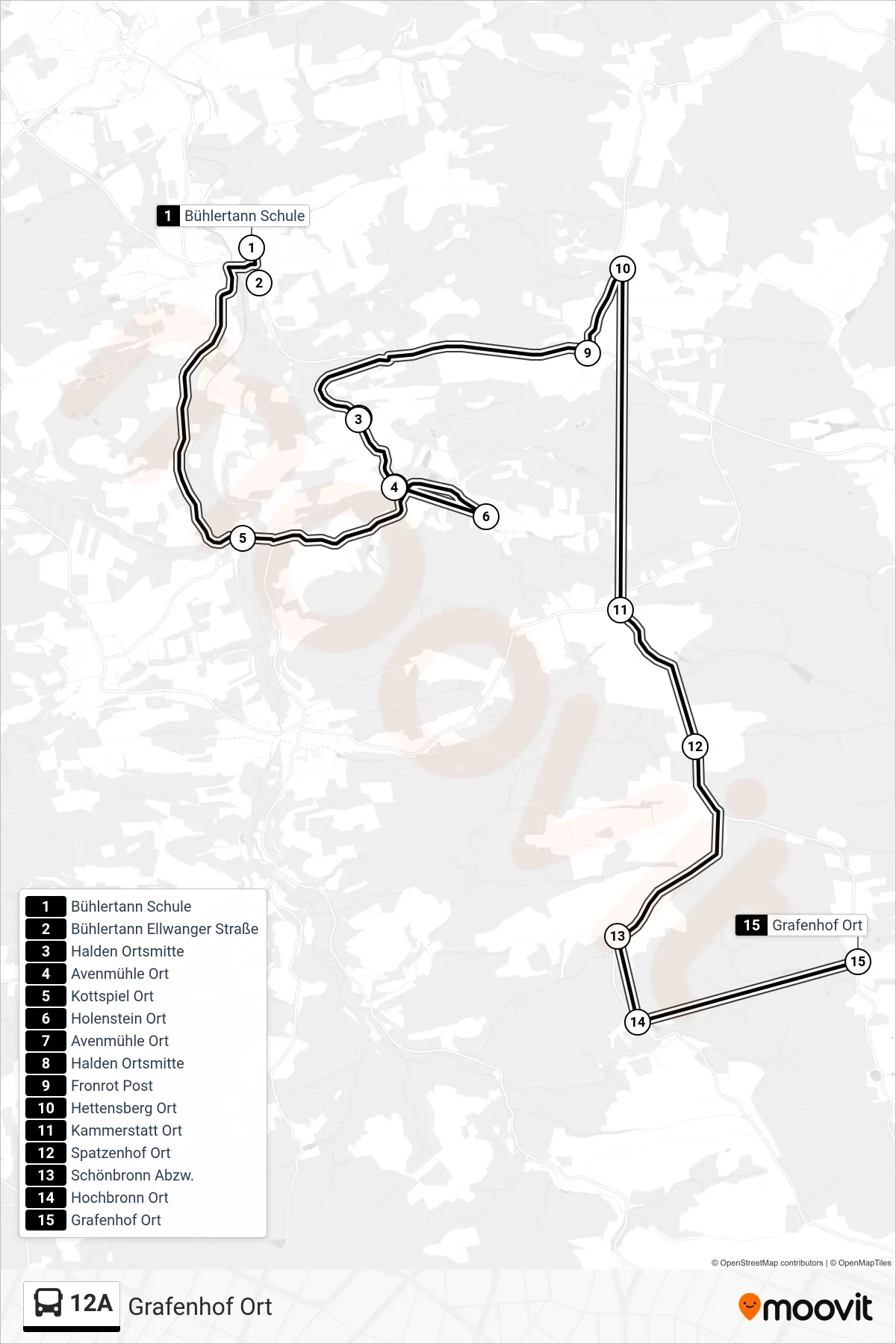 12A bus Line (Grafenhof Ort) route and stops on a map